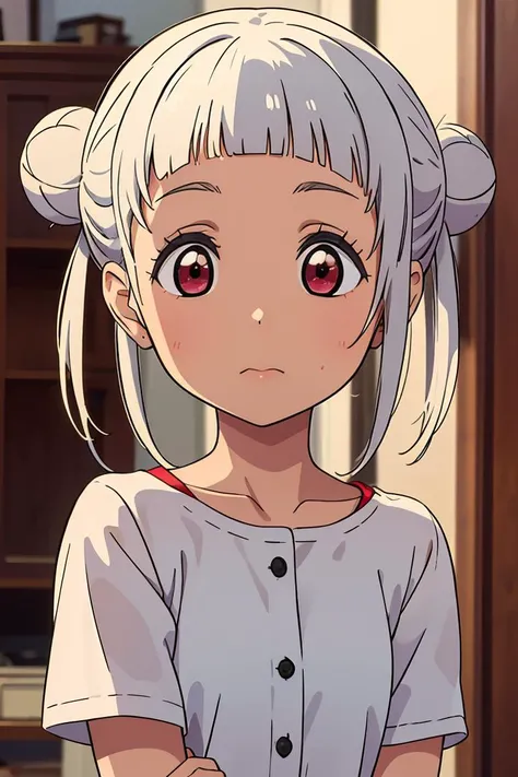 (masterpiece, best quality), 1girl, <lora:ChisatoV1:0.8> arashi chisato, bangs, white hair, (double bun:1.2), red eyes