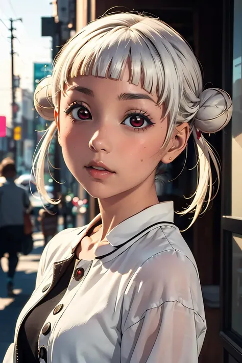 (masterpiece, best quality), 1girl, <lora:ChisatoV1:0.8> arashi chisato, bangs, white hair, (double bun:1.2), red eyes