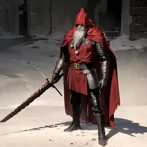 detailed, solo,standing, holding sword, winter, santa claus,beard, gray-haired, cloak, Gael, <lora:Gael:0.8>