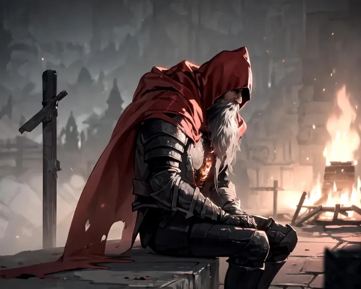 detailed, solo, bonfire, sitting, hood, ashen,beard, gray-haired, cloak, Gael, <lora:Gael:0.8>