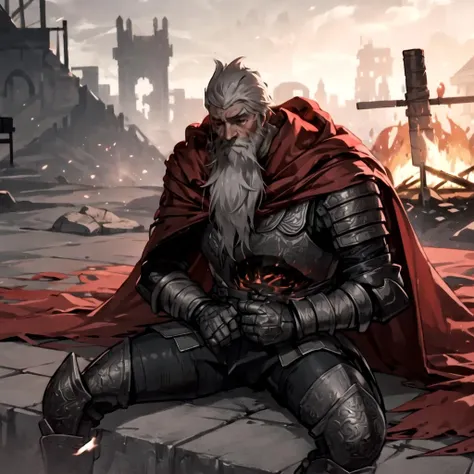 detailed, solo, bonfire, sitting, ashen,beard, gray-haired, cloak, Gael, <lora:Gael:0.8>