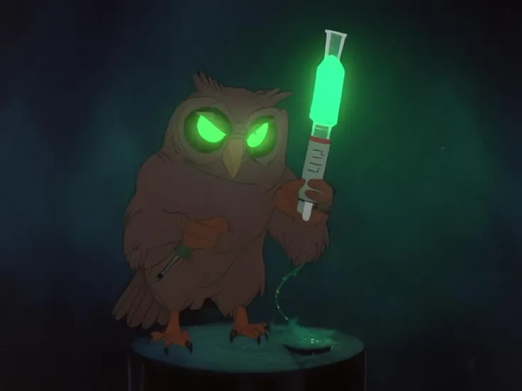 menacing owl holding glowing green syringe, in a laboratory <lora:The_LoRA_of_NIMH:1.3>