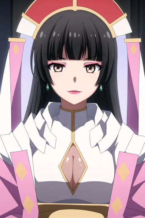 Simple White Background,
costume,pink dress,wide sleeves,pink robe,japanese clothes,
<lora:Tsubaki_Fujiwara_BlackSummoner-KK77-V1:0.7>,makeup,jewelry, gem,crown,
black hair, blunt bangs,long hair,brown eyes,
<lora:Oda_Non_Style-KK77-V2:0.3>,<lora:more_details:0.1>,
1 girl, 20yo,Young female,Beautiful Finger,Beautiful long legs,Beautiful body,
Beautiful Nose,Beautiful character design, perfect eyes, perfect face,expressive eyes,perfect balance,
looking at viewer,(Focus on her face),closed mouth, (innocent_big_eyes:1.0),(Light_Smile:0.3),
official art,extremely detailed CG unity 8k wallpaper, perfect lighting,Colorful, Bright_Front_face_Lighting,White skin,
(masterpiece:1.0),(best_quality:1.0), ultra high res,4K,ultra-detailed,
photography, 8K, HDR, highres, absurdres:1.2, Kodak portra 400, film grain, blurry background, bokeh:1.2, lens flare, (vibrant_color:1.2),professional photograph,
(Beautiful,large_Breasts:1.4), (beautiful_face:1.5),(narrow_waist),