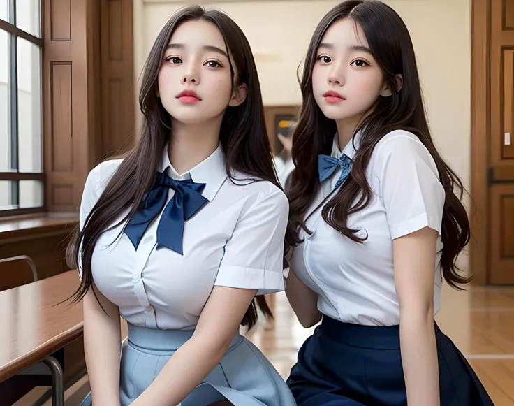 A photo of a teens, (18 years old), <lora:koreanDollLikeness:0.6>, ((2girls)), pretty face, young, ((wearing white formal shirt, blue skirt)), facing forward, student outfit, stockings, bow tie, at school hall, best quality, ultra high res, photorealistic:1.4, (waist-up photo), highly detailed, sharp focus, HDR, 8k resolution