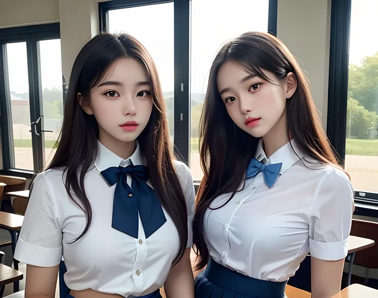 A photo of a teens, (18 years old), <lora:koreanDollLikeness:0.6>, ((2girls)), pretty face, young, ((wearing white formal shirt, blue skirt)), facing forward, student outfit, stockings, bow tie, at school hall, best quality, ultra high res, photorealistic:1.4, (waist-up photo), highly detailed, sharp focus, HDR, 8k resolution