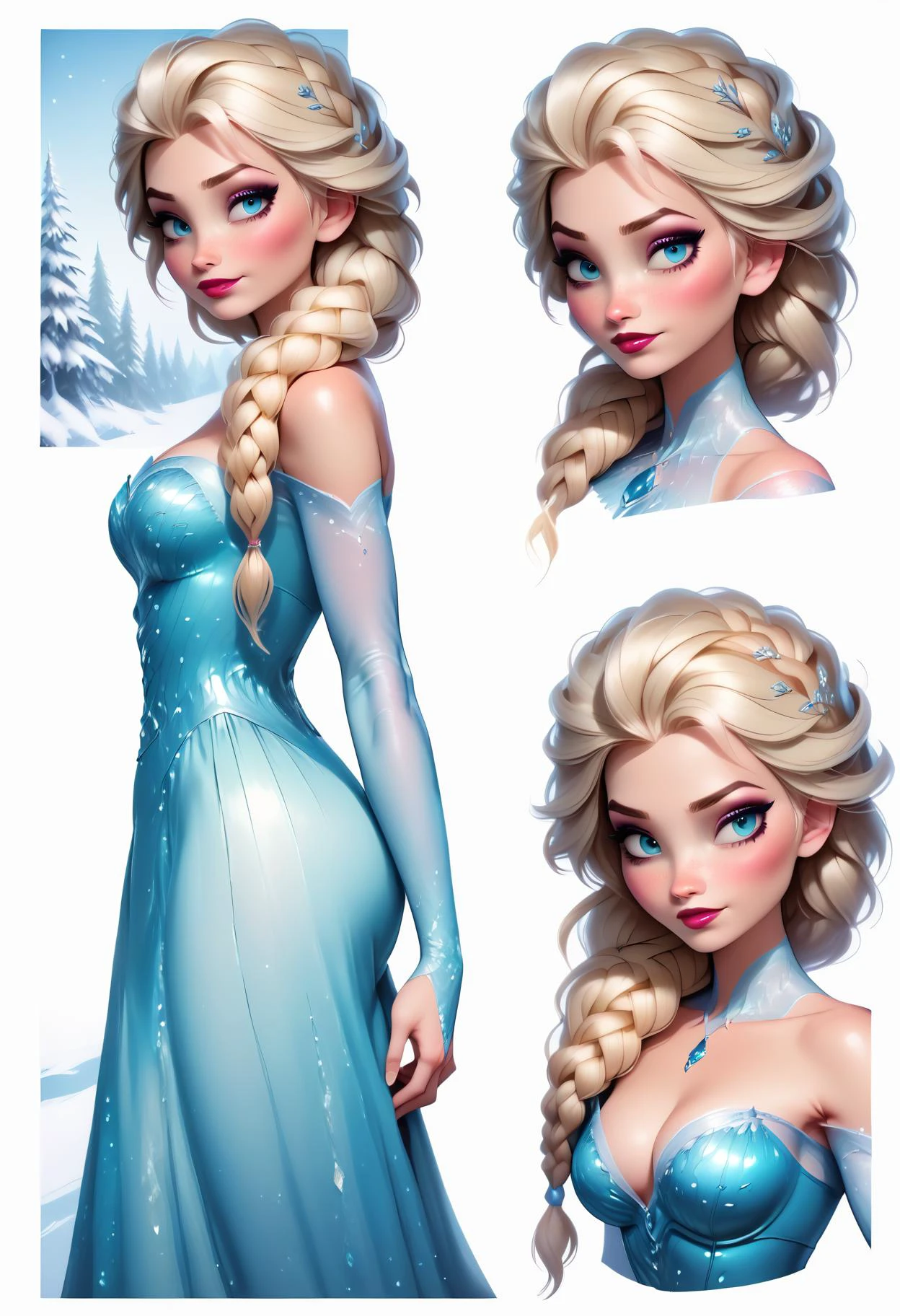 score_9, score_8_up, score_7_up, realistic, beautiful eyes, 1girl, solo, 21yo,
((blue dress, bare shoulders, cleavage, single braid over shoulder)),
(complex detailed background, outside, winter forest, snow, mountain, depth of field), (naughty expression, sexy pose, full body, dynamic angle:1.2), erotic, elegant, sensual, seductive,
zPDXL, <lora:ElsaXLP_Character:0.8> (elsaxpl, long hair), <lora:XLPCharacterDesign_Concept:0.5> ((CharacterDesignXL), (CharacterSheet:1.1), reference sheet, (full body, from side, front:1.2), upper body),