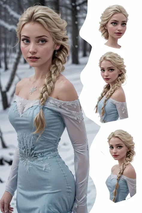 (photo of a beautiful woman), ((skinny:1.2), fit, detailed hair, detailed face, beautiful eyes, perfect skin),
((blue dress, bare shoulders, cleavage, single braid over shoulder)),
(simple blurred background, outside, snowy winter mountain, snow covered forest, blizzard, magic, depth of field), (cute girly pose, dynamic angle),
(erotic, elegant, sensual, seductive), (masterpiece, best quality), (photorealistic:1.4), (perfect illumination, best shadow),
<lora:Elsa_character:0.7> ElsaWaifu, <lora:CharacterDesign_Concept:0.55> (charactersheet, multiple views, full body, upper body, reference sheet:1),