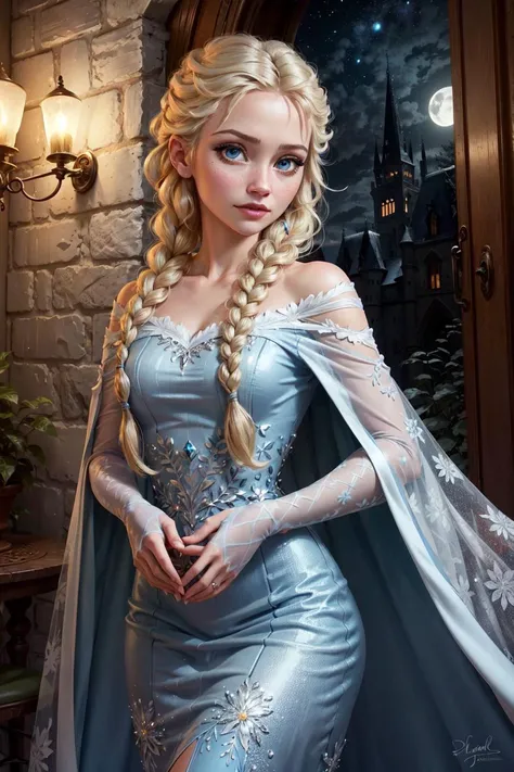(masterpiece, best quality:1.2), solo, 1girl, ElsaWaifu, (cowboy shot:1.2), (beautiful skin:1.2), adult woman, beautiful face ,elegant face, (beautiful eyes:1.4), blue eyes, side parted hair, (single braid:1.5), side braid, one braid, right side braid, side parted hair, platinum hair, (bluedress:1.5), long white cape, blue dress details, (night time:1.3), (dark), inside a castle, blue walls, <lora:Elsa_character-20:0.4> <lora:add_detail:0.3> <lora:hipoly3DModelLora_v10:0.05> <lora:RSERomantic_RSESofiko_RSEEmma-v1:0.1>