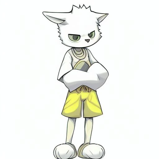 Solo, cute, Wolf, Furry, furry body, white shirt, yellow shorts, cute, 1boy, white fur, detailed, high quality