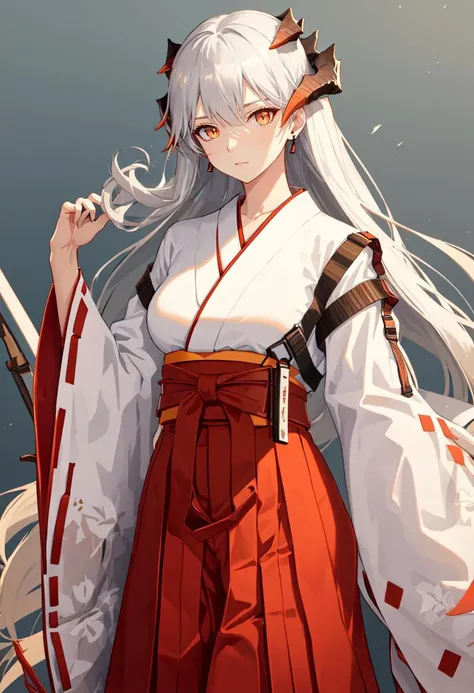 best quality, masterpiece, highres, solo, (saria_arknights:1.10), (white kimono:1.35), (red hakama:1.35), (wide sleeves:1.20), 29 <lora:saria_arknights:0.80>