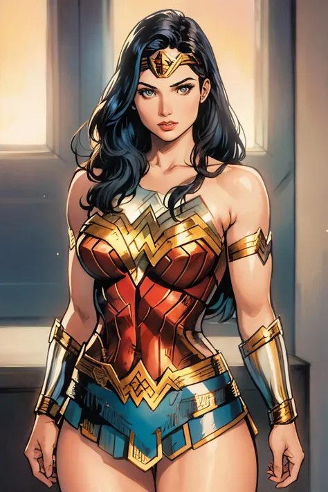 wonder woman. 1980s tv style., intricate details, highly detailed, intricate eyes, detailed skin, intricate hair, realistic, skin pores