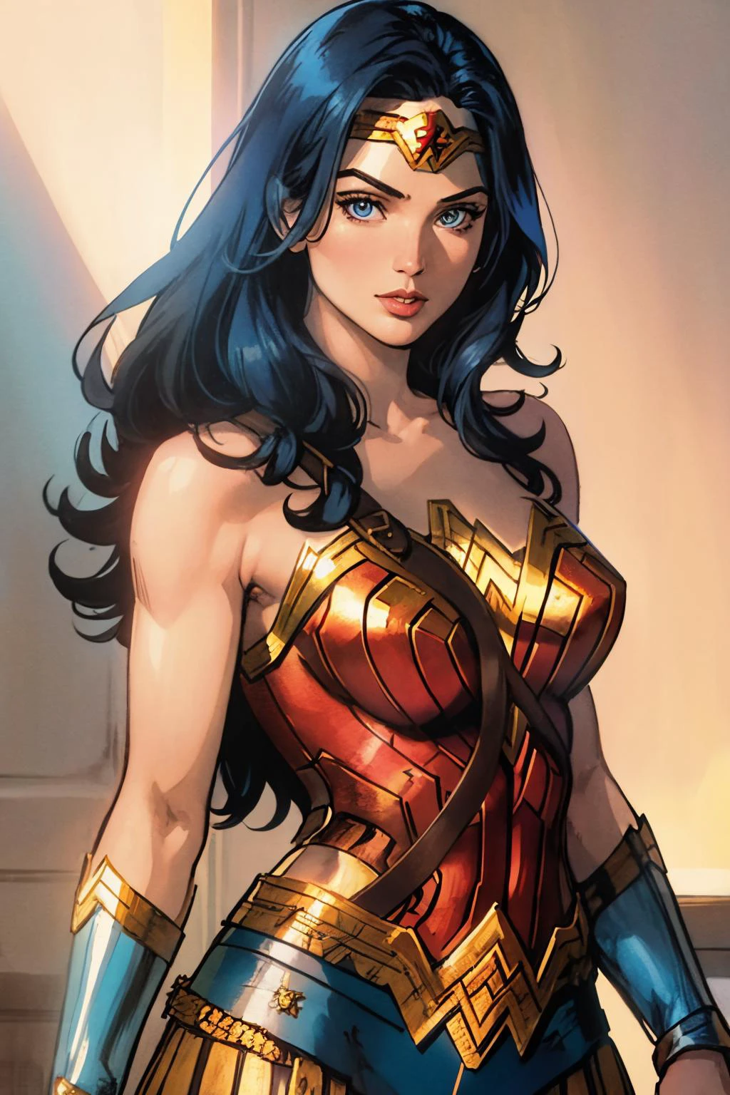 wonder woman. 1980s tv style., intricate details, highly detailed, intricate eyes, detailed skin, intricate hair, realistic, skin pores