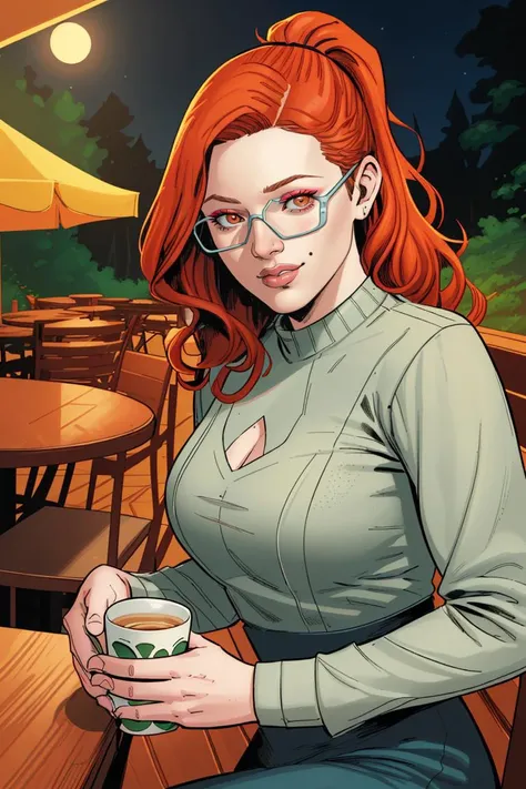 Clay Mann, woman, warm and sensual smile, cute, sitting, table, cup, glasses, freckles, red hair, ponytail, curly hair, cafe, night, forest, detailed, masterpiece, absurdres, best quality, cowboy shot