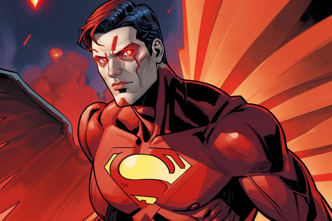 Clay Mann:0.5, cyborg superman, villain, blood, dark, horror \(theme\), smug, (((glowing red eyes))), night, flying, masterpiece, best quality