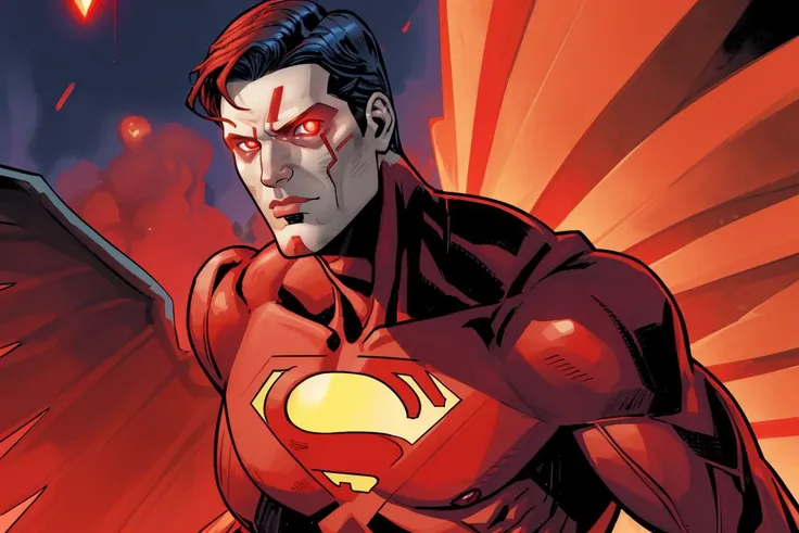 Clay Mann:0.5, cyborg superman, villain, blood, dark, horror \(theme\), smug, (((glowing red eyes))), night, flying, masterpiece, best quality