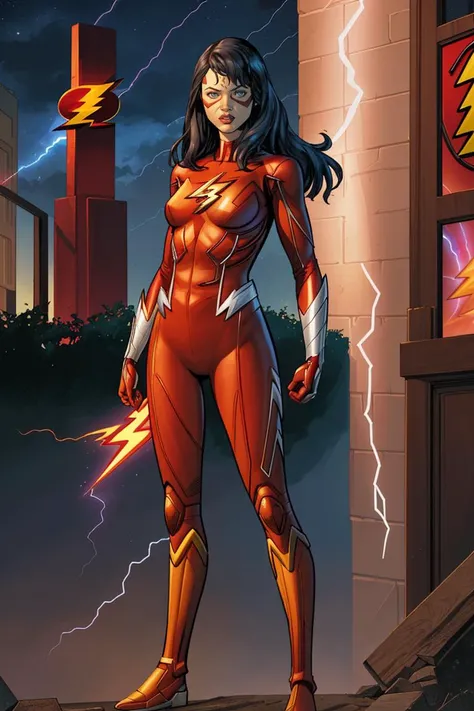 Clay Mann, woman, the flash, hero mask, scarlet speedster, lightning streak, long flowy black hair, superhero, serious, night, medium breasts, standing, masterpiece, best quality