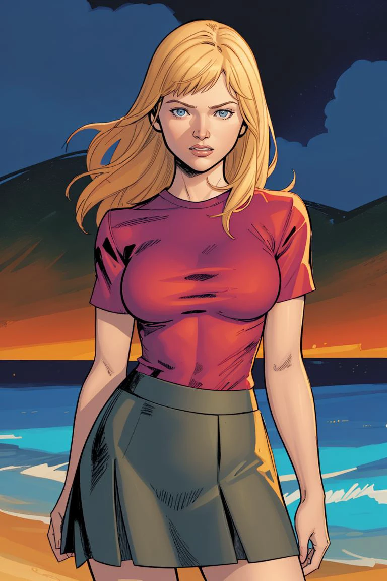 Clay Mann, woman, shirt, demin skirt, warm and sensual smile, night, medium breasts, standing, masterpiece, best quality, beach