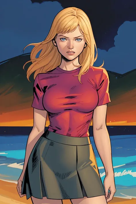 Clay Mann, woman, shirt, demin skirt, warm and sensual smile, night, medium breasts, standing, masterpiece, best quality, beach