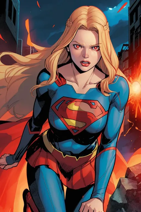 Clay Mann, woman, supergirl, long flowy blonde hair, angry, glowing red eyes, night, flying, masterpiece, best quality