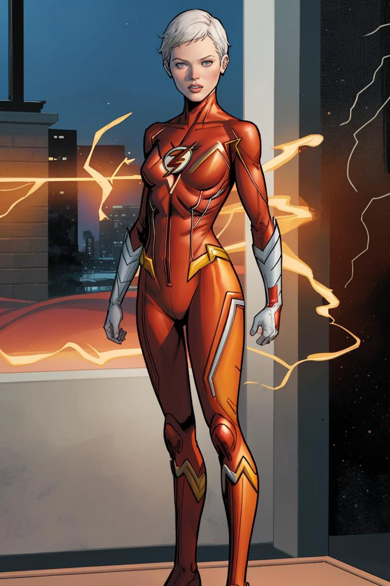 Clay Mann, woman, the flash, scarlet speedster, white short hair, superhero, serious, night, medium breasts, standing, masterpiece, best quality