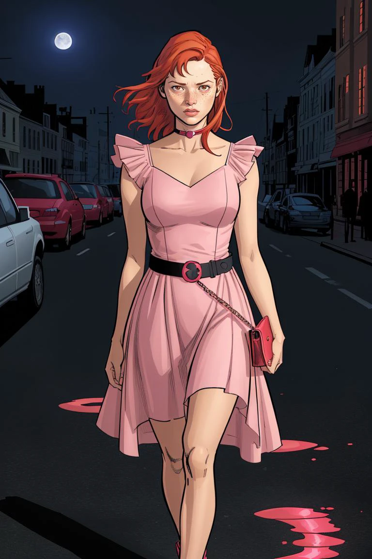 Clay Mann, woman, pink minidress, belt, purse, red hair, walking, night, streets, moon light, detailed, masterpiece, absurdres, best quality