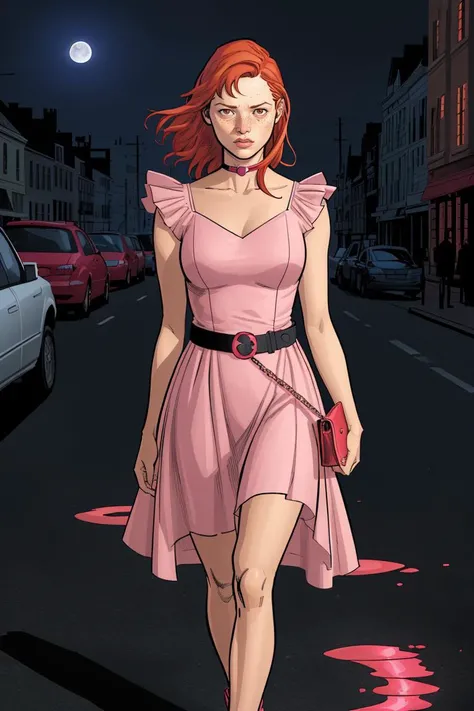 Clay Mann, woman, pink minidress, belt, purse, red hair, walking, night, streets, moon light, detailed, masterpiece, absurdres, best quality