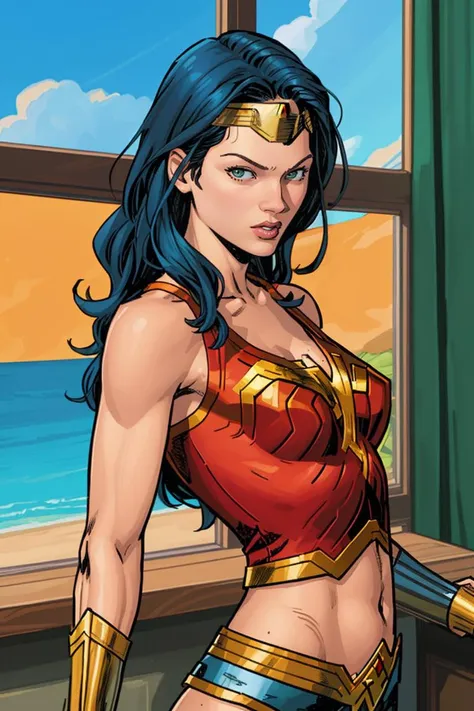 Clay Mann, wonder woman, solo, indoors, black tank top, panties, detailed, masterpiece, best quality, flat colors