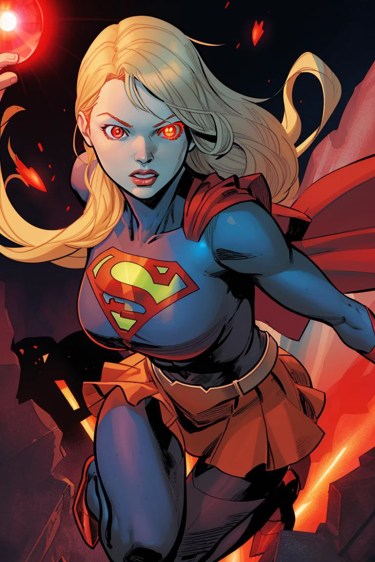 Clay Mann, woman, supergirl, (((glowing red eyes))), night, flying, masterpiece, best quality