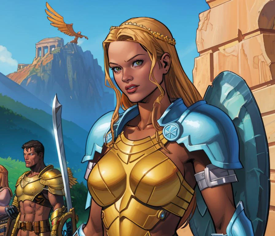 Clay Mann, (dark-skinned female), woman, amazon, angle wings, armor, shield, sword, greek goddess, detailed, masterpiece, best quality