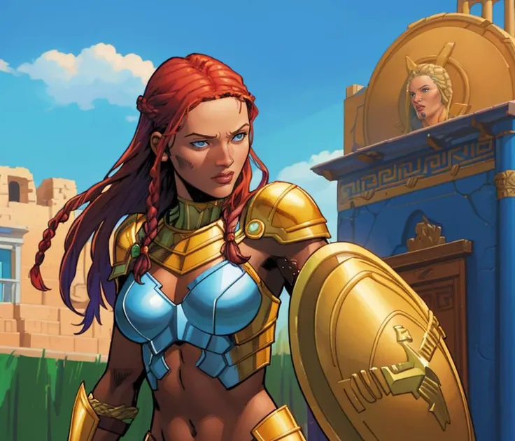 Clay Mann, (dark-skinned female), braids, woman, amazon, armor, shield, sword, greek goddess, detailed, masterpiece, best quality