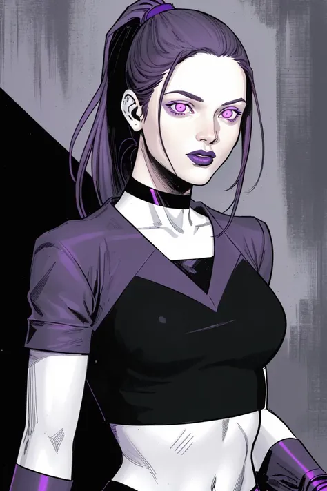 Clay Mann, woman, (purple glowing eyes), purple lipstick, black uniform, ponytail, choker, crop top, smile, parted lips, detailed, masterpiece, absurdres, best quality, dark, grayscale, lineart
