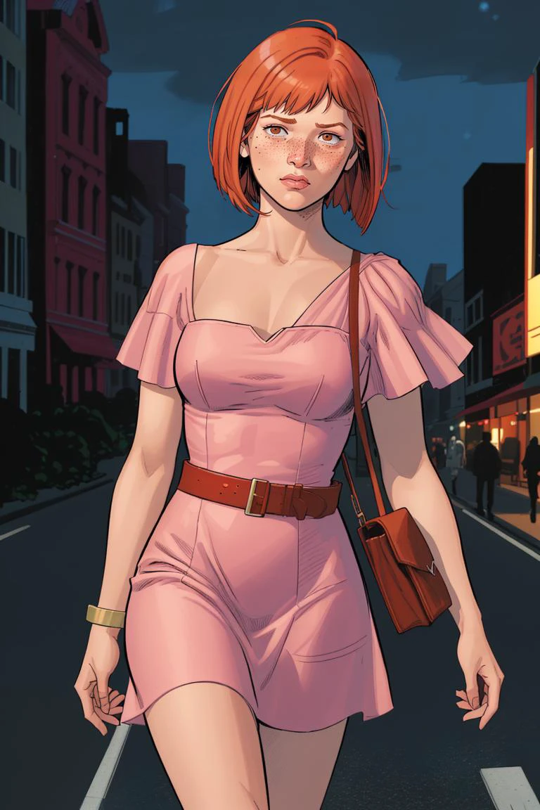 Clay Mann, woman, solo, pink minidress, belt, purse, red hair, bob cut, short hair, walking, night, theather, detailed, masterpiece, absurdres, best quality, cowboy shot