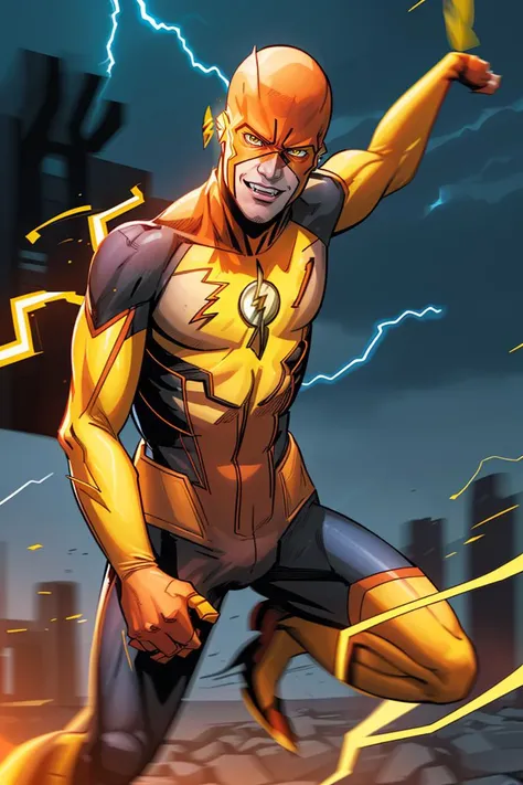Clay Mann, ((the reverse flash)), yellow suit, crazy eyes, crazy smile, villain, lightning streak, extremely blurry background, solo, detailed, masterpiece, best quality