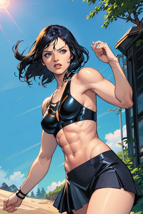 clay mann, super heroine, black top, black skirt, fit, abs, black hair, outside, sunlight, action pose, <lora:gothgirl:0.85>