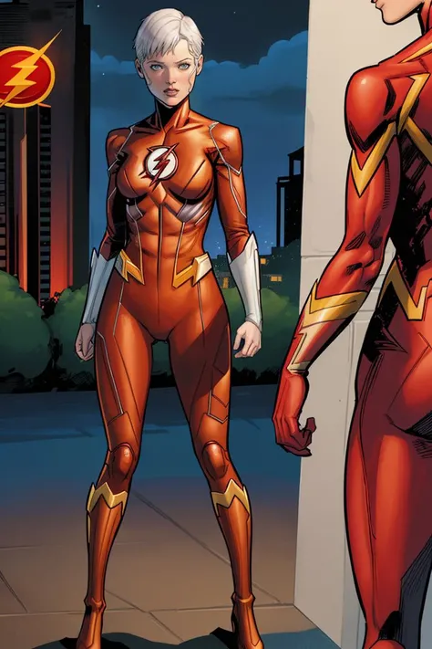 Clay Mann, woman, the flash, face mask, scarlet speedster, white short hair, superhero, serious, night, medium breasts, standing, masterpiece, best quality