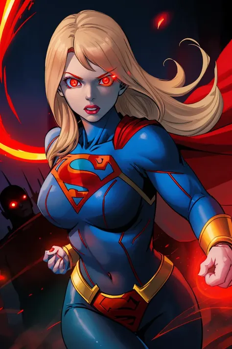 woman, supergirl, (((glowing red eyes))), night, flying, masterpiece, best quality