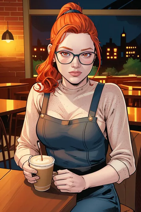 Clay Mann, woman, warm and sensual smile, cute, sitting, table, cup, glasses, freckles, red hair, ponytail, curly hair, cafe, night, indoors, detailed, masterpiece, absurdres, best quality, cowboy shot