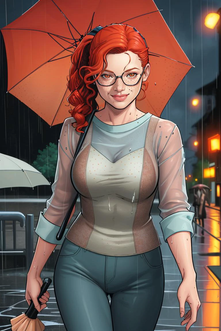 Clay Mann, woman, warm and sensual smile, cute, walking, raining, holding umbrella, wet clothes, wet hair, glasses, freckles, red hair, ponytail, curly hair, night, streets, detailed, masterpiece, absurdres, best quality, cowboy shot
