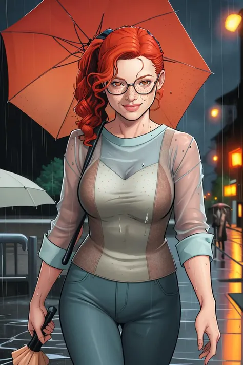 Clay Mann, woman, warm and sensual smile, cute, walking, raining, holding umbrella, wet clothes, wet hair, glasses, freckles, red hair, ponytail, curly hair, night, streets, detailed, masterpiece, absurdres, best quality, cowboy shot