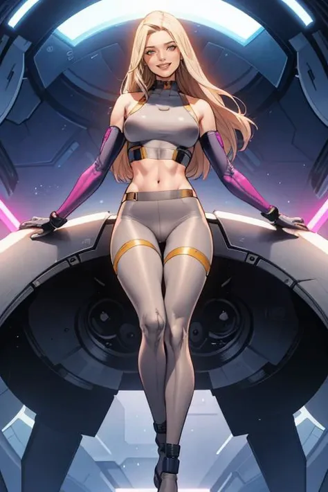 Clay Mann, a beautiful 20yo woman in crop top and light gray pantyhose, laid back, spreading legs, ((crotch)), smiling, futuristic facility background, best quality, masterpiece