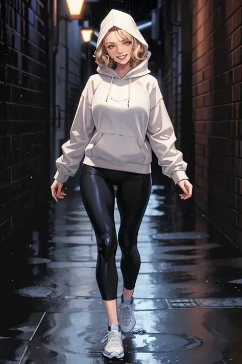 Clay Mann, a beautiful 16yo Caucasian woman in white sweatshirt with hood, ash blonde curly lob hair, black pants and sneakers, smiling, walking in a dark alley, water ponds, wet floor, light rain, best quality, masterpiece