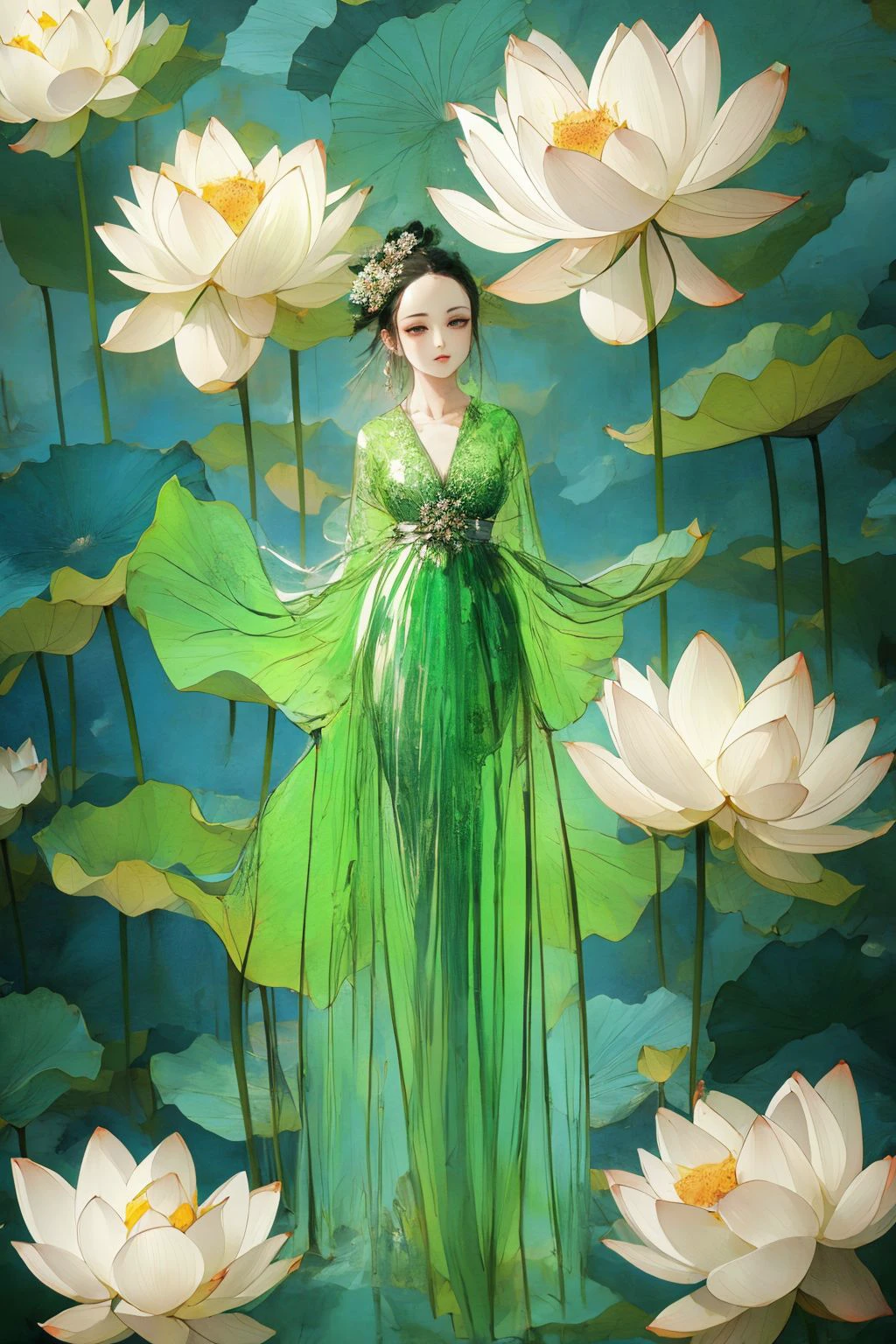 1girl, gl4ssdr3ss, green glass dress, (see-through), full body, sleeveless, <lora:gl4ssdr3ss:0.8>, <lora:Lotus_leaf:0.7>, xuer Lotus leaf, lotus, <lora:buyao:0.6>, buyao, <lora:BeautyNwsjMajic2-01:0.6>, (masterpiece, best quality, high quality, highres, ultra-detailed),