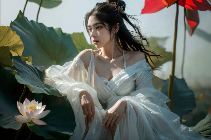 ultra high resolution,((masterpiece))),(((best quality))),((super detailed)),((extremely delicate and beautiful)),cinematic light,detailed environment,(real),cinematic light,detailed environment,(real),
(RAW photo, 4k, realistic, exquisitely detailed skin :1.3),masterpiece,best quality,an award-winning work,ultra detailed,depth of field,cinematic angle,cinematic light,low key,dark scene,(soft warm laterial lighting:1.2),(hdr:1.4),
(hyperrealism, soft light, sharp),(hyperdetailed:1.2),cinematic lighting,explosions,over exposure,intricate details,magazine cover,dynamic angle,chiaroscuro,emotional impression,
(realistic, photo-realistic:1.37),extremely detailed,photography,8k,Amazing,finely detailed,best quality,ultra high res,exceptional detail,atmospheric depth,masterful   technique,harmonious composition,cinematic lighting,immersive atmosphere,stunning   visuals,rose Red and blue,light bronze and indigo,
xuer Lotus leaf,1girl,(full body:1.1),hanfu,chinese clothes,long sleeves,jewelry,Dynamic Angle,Perspective,extremely beautiful skin,natural skin texture,beautiful and aesthetic,atmospheric,extremely detailed background,(shiny skin:1.5),(exposed collarbone, exposed shoulders:1.2),
<lora:~Q?-wS xuer Lotus leaf:0.8>,