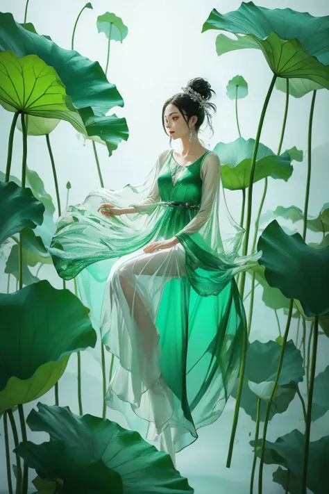 1girl, gl4ssdr3ss, green glass dress, (see-through), full body, sleeveless, <lora:gl4ssdr3ss:0.8>,   <lora:Lotus_leaf:0.7>, xuer Lotus leaf, lotus, (masterpiece, best quality, high quality, highres, ultra-detailed),