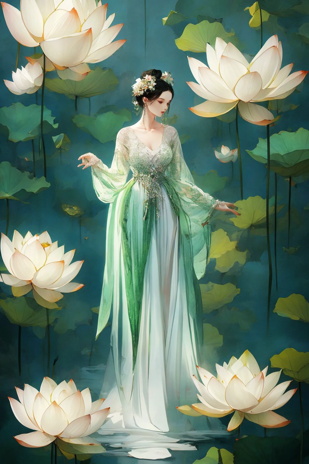 1girl, gl4ssdr3ss, green glass dress, (see-through), full body, sleeveless, <lora:gl4ssdr3ss:0.8>, <lora:Lotus_leaf:0.7>, xuer Lotus leaf, lotus, <lora:buyao:0.6>, buyao, <lora:BeautyNwsjMajic2-01:0.6>, (masterpiece, best quality, high quality, highres, ultra-detailed),