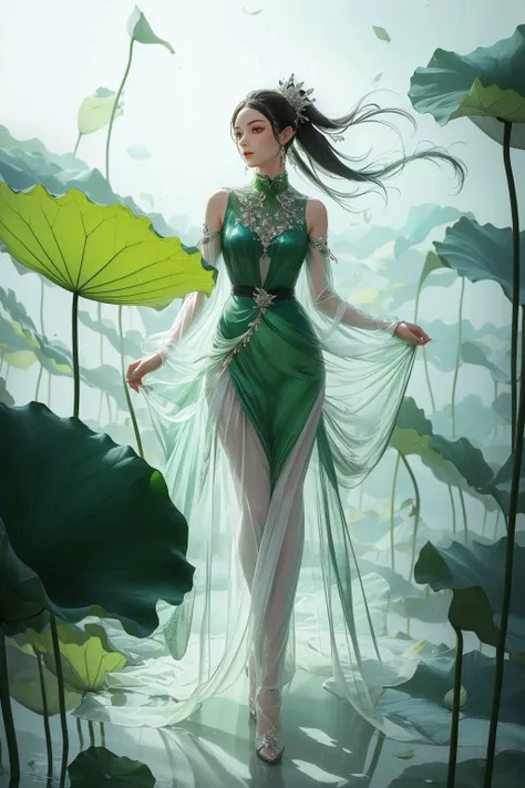 1girl, gl4ssdr3ss, green glass dress, (see-through), glass, full body, sleeveless, <lora:gl4ssdr3ss:0.4>,   <lora:Lotus_leaf:0.7>, xuer Lotus leaf,, (masterpiece, best quality, high quality, highres, ultra-detailed),