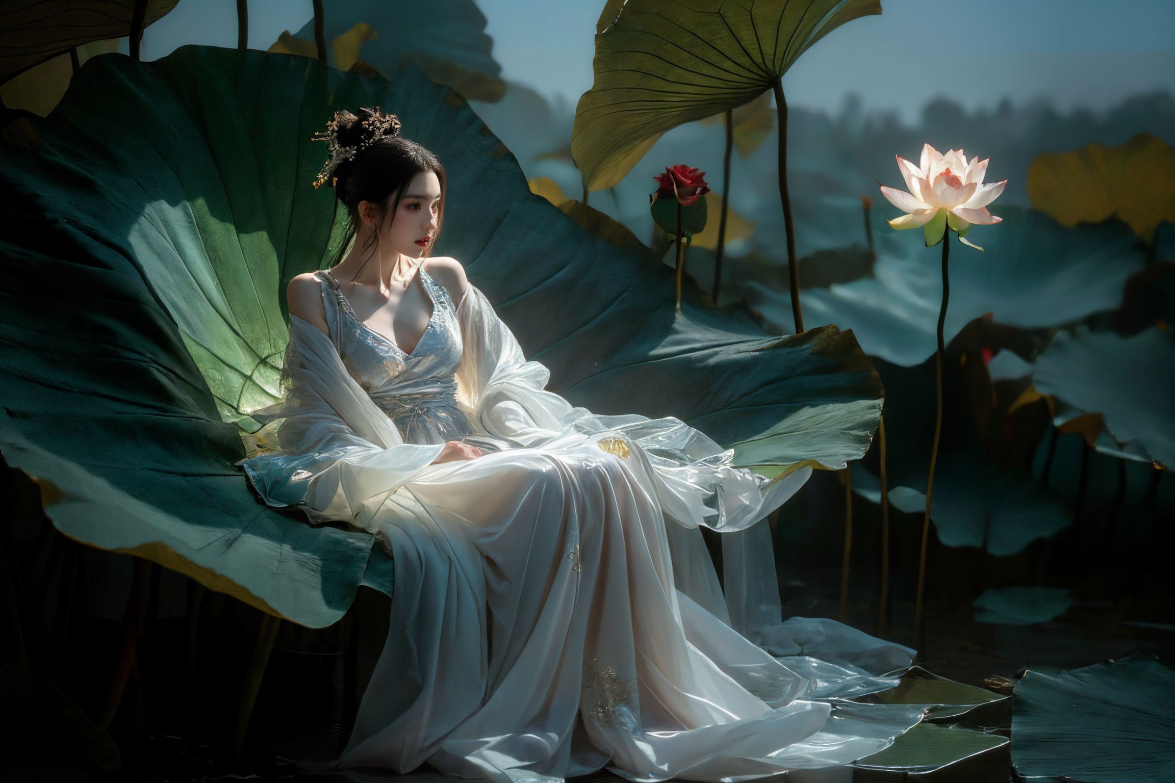 Arafed woman in a white dress sitting on a large leaf - SeaArt AI