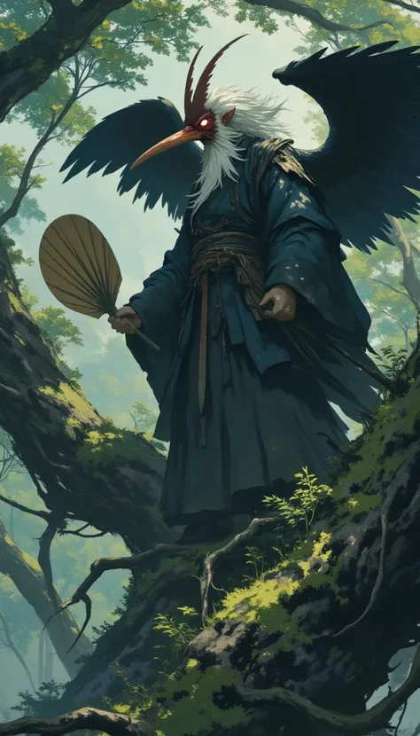 Tengu,traditional japanese yokai ,yokai in misty mountain forest, long-nosed mask, fierce red face,stick like long nose, white hair and beard, wearing traditional yamabushi attire, large black bird wings, holding big fan, perched on ancient gnarled tree, surrounded by towering cedar trees,

