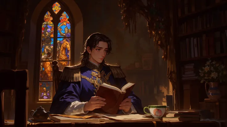 a prince sits at a table, a book in front oh him, which he is reading, the book is covered in leather, behind the prince is a mosaic windows with a lots of colors, which shows a knight on his horse, the room is   well-lit room, and has a lot of bookshelfs with books in it, a teapot and a teacup with an onion pattern stand next to him on the table,âââ