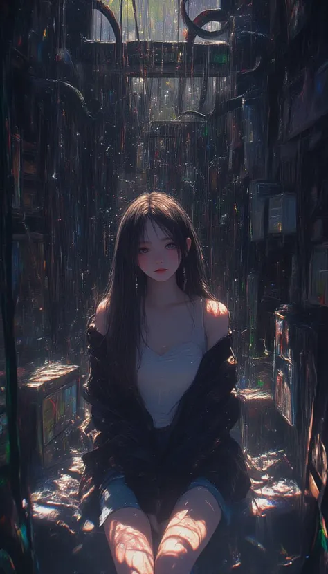 black wall messy room with tentacles, kpop girl sitting tired, semi realistic, detailed maximalist, narrow sunlight on face, photo portrait, rainbow glitter particles,lyh,anime,